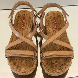 PRADA Women's Strappy Casual Sandal Tan Patent Leather Cork Flats Womens SIZE 6